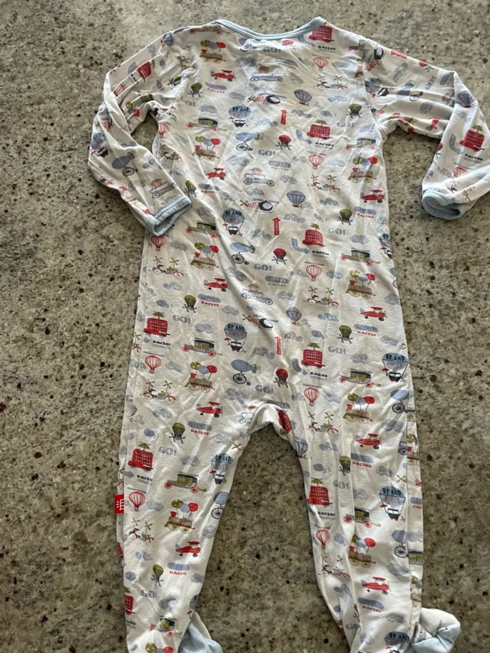 Magnetic Me Baby Footed One-Piece - Light Blue Travel Transportation Print